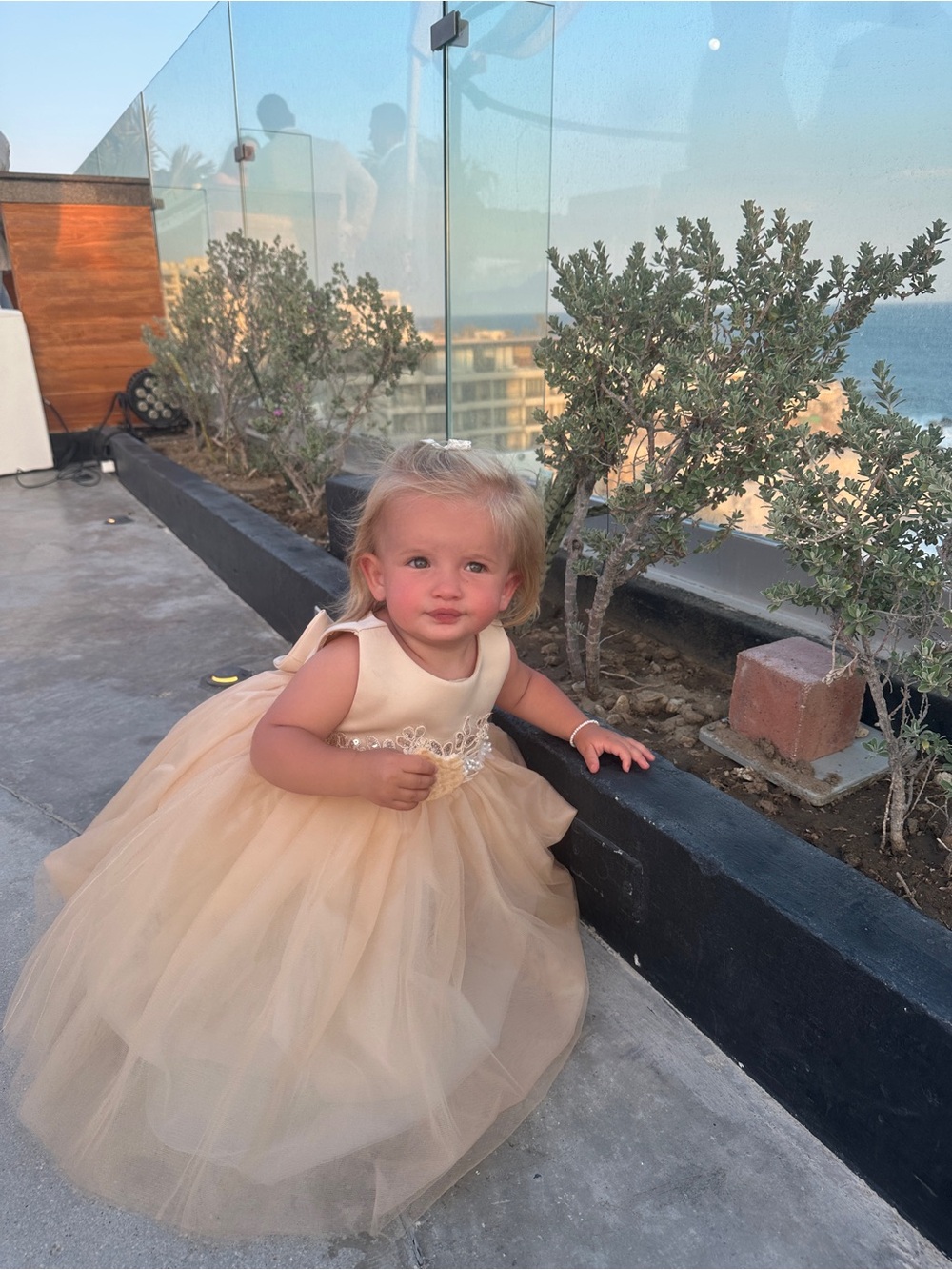 Little Girl's Champagne Tulle Formal Dress with Floral Waist